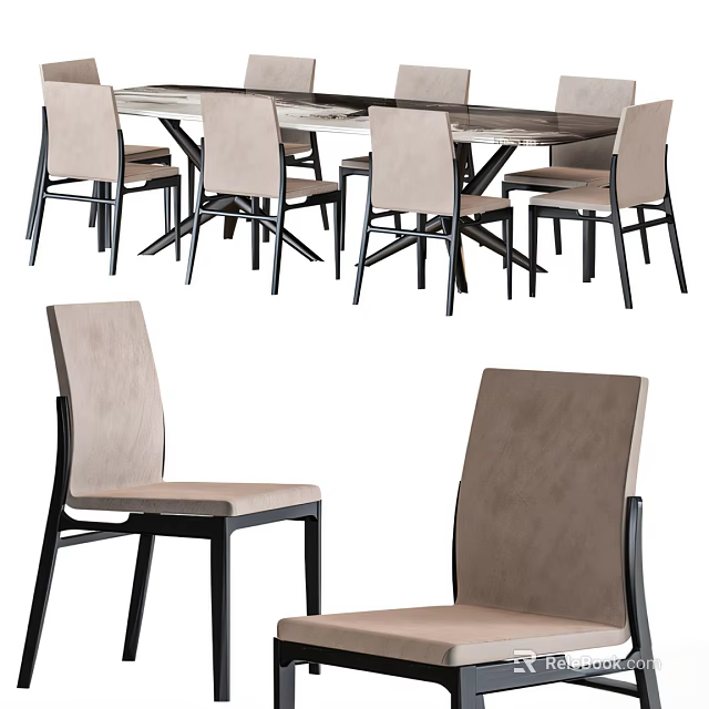 Modern Minimalist Dining Table And Chairs Set With Beige Upholstered Seats And Black Wooden Legs 3d model 