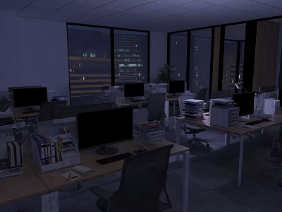 Public Office Space with Desks Computers and Documents by Large Windows Overlooking Night City 3d model