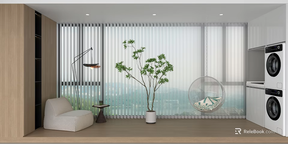 Home Balcony Design with Sliding Blinds Floor Lamp Green Plant Hanging Chair and Sofa 3d model 
