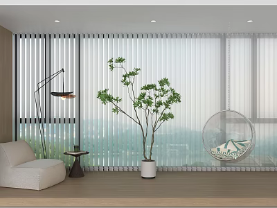 Home Balcony Design with Sliding Blinds Floor Lamp Green Plant Hanging Chair and Sofa 3d model