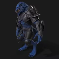 Blue Muscular Wolf Creature In Black Armor Standing Fantasy Character Design