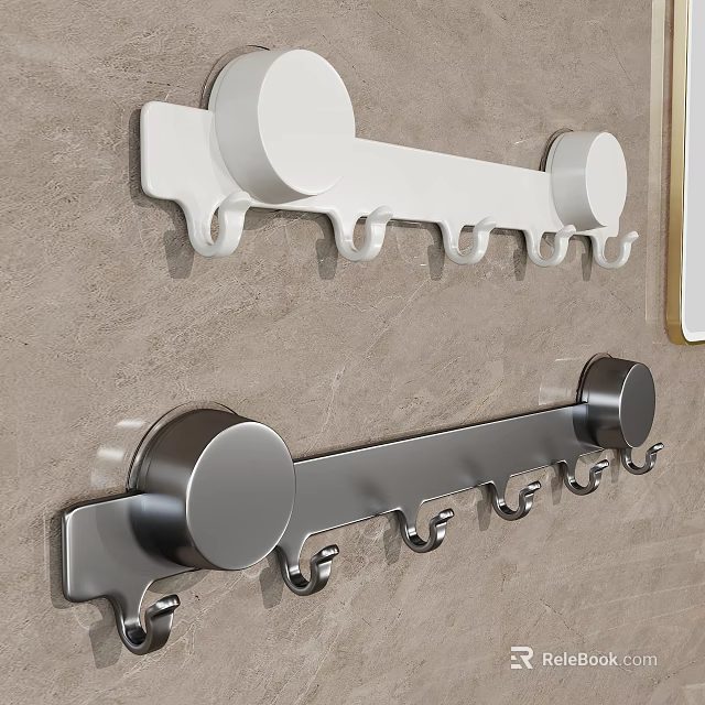 Bathroom Wall Mounted Rack With White And Silver Metal Hooks For Hanging 3d model 