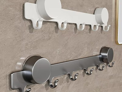 Bathroom Wall Mounted Rack With White And Silver Metal Hooks For Hanging 3d model