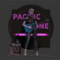 Woman Playing Electric Guitar With Neon Pacific One Sign And Amplifier On Stage