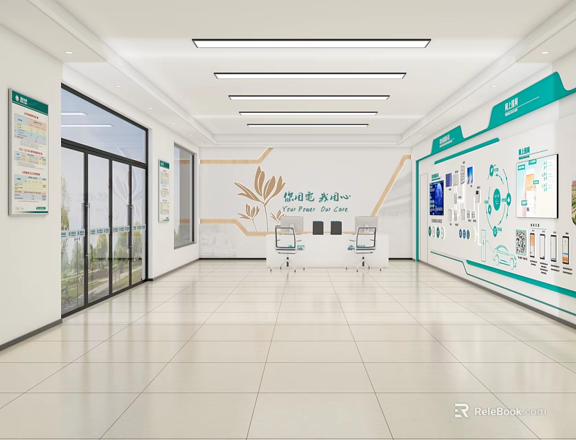 Spacious Bright Service Center Hall Interior with White Walls Green Accents and Information Displays 3d model 