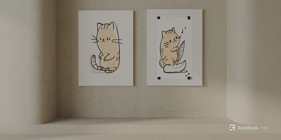 Two Cute Cat Illustrations as Wall Decor in Simple Room Setting 3d model