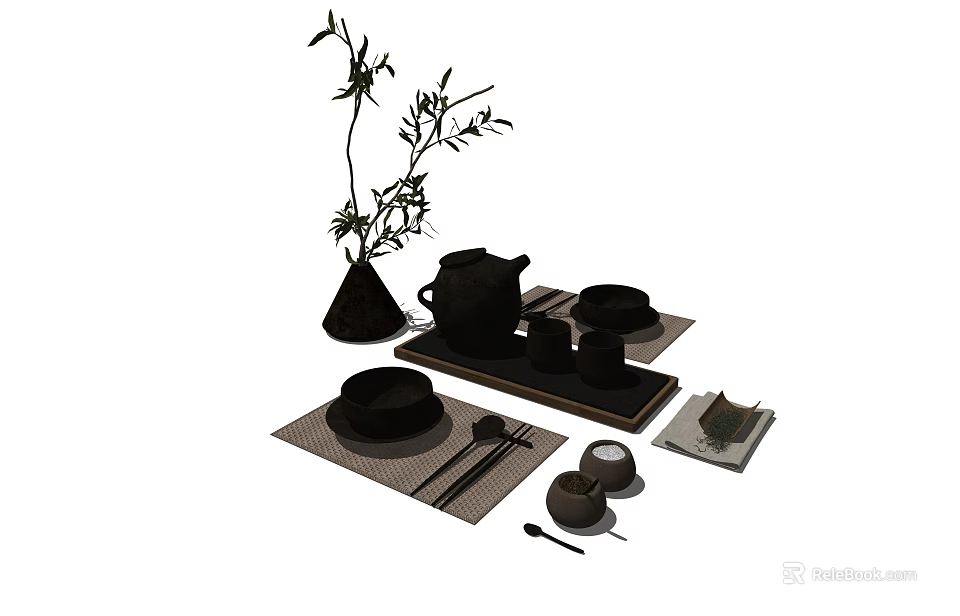 Traditional Chinese Tea Set With Teapot Teacups Bamboo Decor And Mat 3d model 