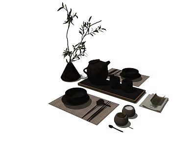 Traditional Chinese Tea Set With Teapot Teacups Bamboo Decor And Mat 3d model