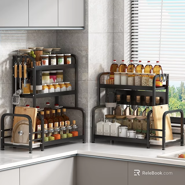 Elegant Modern Kitchen Storage Racks Holding Organized Spice Jars On Countertop 3d model 