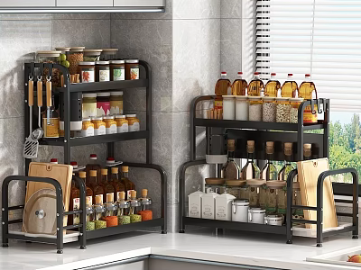 Elegant Modern Kitchen Storage Racks Holding Organized Spice Jars On Countertop 3d model