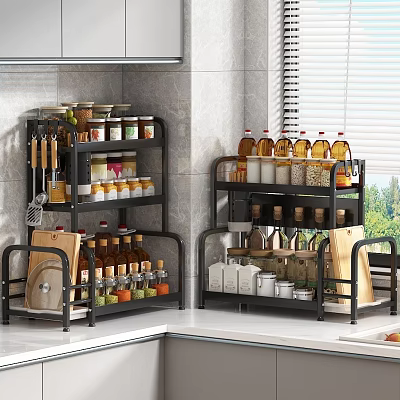 Elegant Modern Kitchen Storage Racks Holding Organized Spice Jars On Countertop 3d model