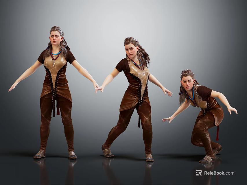 Three Female Fantasy Characters In Similar Animal Inspired Costumes With Different Poses Against Gray Background 3d model 