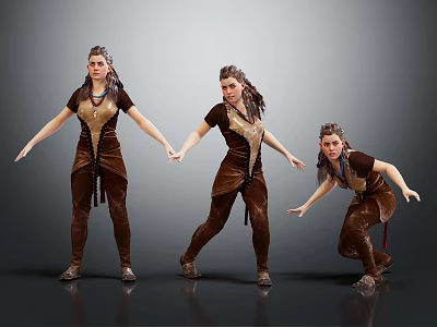 Three Female Fantasy Characters In Similar Animal Inspired Costumes With Different Poses Against Gray Background 3d model
