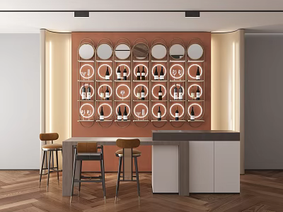 Modern Bar Counter Design With Orange Backdrop Wall Circular Wine Racks And Bar Stools 3d model