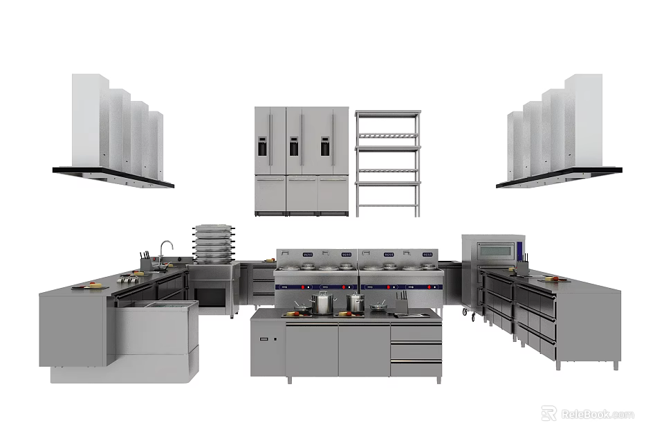 Commercial Kitchen Appliances Stainless Steel Equipment Setup With Cabinets Shelves Ovens And Hoods 3d model 