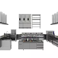 Commercial Kitchen Appliances Stainless Steel Equipment Setup With Cabinets Shelves Ovens And Hoods