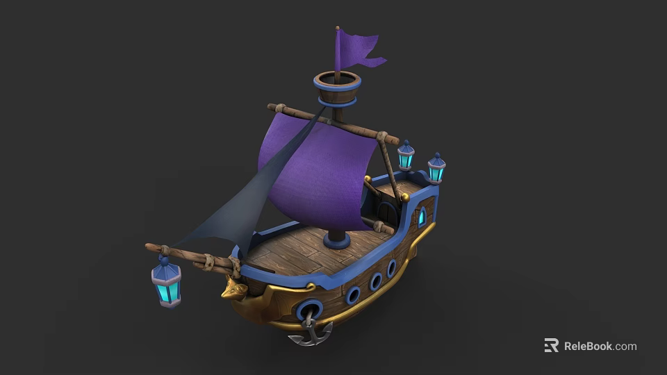 Vibrant Sailing Boat With Purple Sail Wooden Deck Blue Lanterns And Flag 3d model 