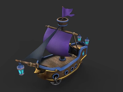 Vibrant Sailing Boat With Purple Sail Wooden Deck Blue Lanterns And Flag 3d model