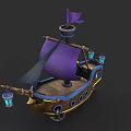 Vibrant Sailing Boat With Purple Sail Wooden Deck Blue Lanterns And Flag