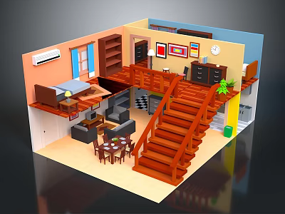 3D Model Interior Design With Wooden Stairs Sofa Dining Table And Bookshelf 3d model