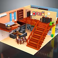 3D Model Interior Design With Wooden Stairs Sofa Dining Table And Bookshelf 3d model