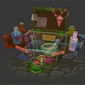 Wooden Chest Filled With Potion Bottles Books Scroll Skull Mortar And Pestle Mushrooms