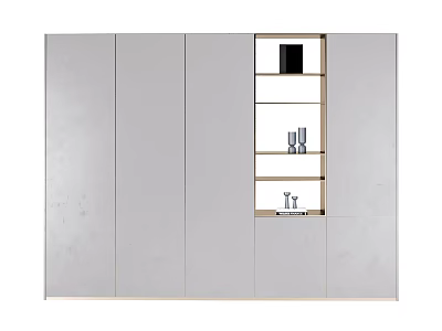Modern Grey Bookcase With Panel Doors And Open Shelves Holding Decorative Items 3d model