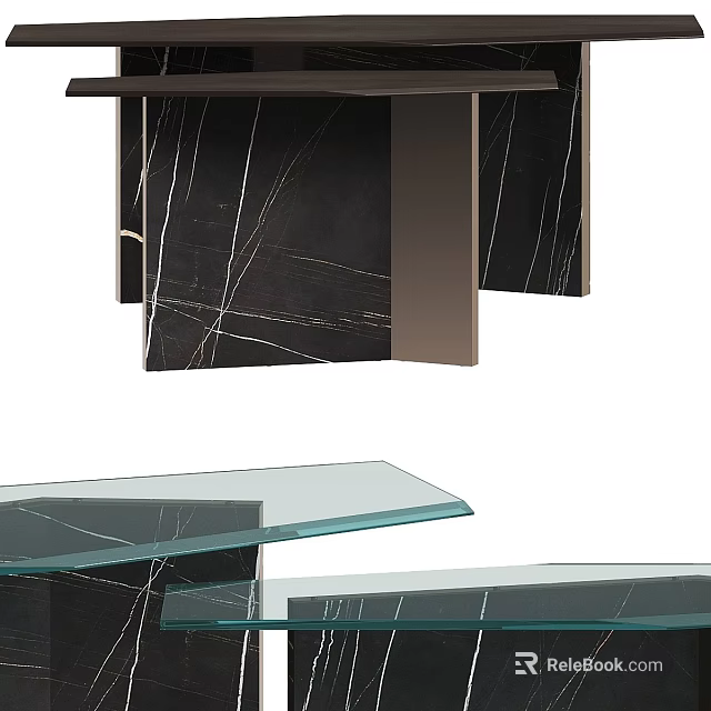 Black Marble Console Table With White Veins And Glass Top Design 3d model 