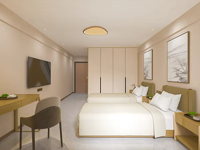 Simple Modern Twin Bedroom Interior With TV Desk Chair Cabinet And Wall Art 3d model