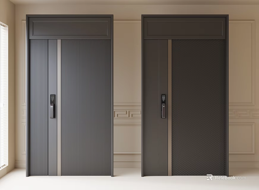 Sturdy Dark Gray Security Doors With Vertical Stripes And Mesh Pattern Design In Indoor Setting 3d model