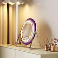 Dressing Table Featuring Purple Rimmed Round Mirror With Stand And Cosmetics Organizer Under Soft Lighting