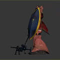 Red Armored Mecha Game Character With Blue Shield And Gun Weapon Design