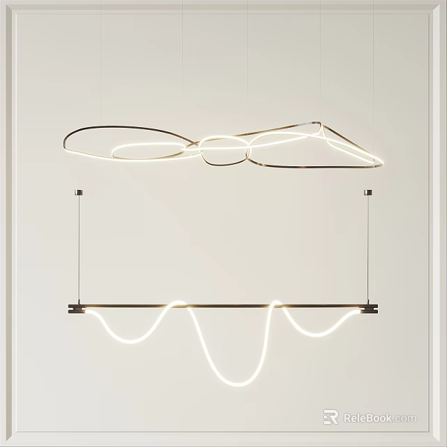 Modern Minimalist Pendant Light with Curved LED Lines and Sleek Metal Structure in Interior Design 3d model 