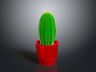 Green Cactus with Yellow Spines in Red Pot on Gray Background 3d model