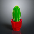 Green Cactus with Yellow Spines in Red Pot on Gray Background