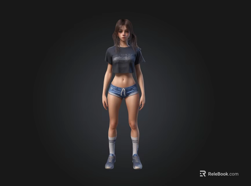 3D Female Character Short Hair Black T Shirt Denim Shorts White Socks Sneakers Black Background 3d model 