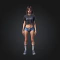 3D Female Character Short Hair Black T Shirt Denim Shorts White Socks Sneakers Black Background
