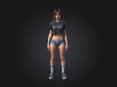 3D Female Character Short Hair Black T Shirt Denim Shorts White Socks Sneakers Black Background 3d model