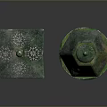 Ancient Green Bronze Lanterns With Traditional Tower Structure And Ornate Hollowed Details