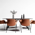 Modern Gray Oval Dining Table Set With Six Orange Chairs And Decorative Vase