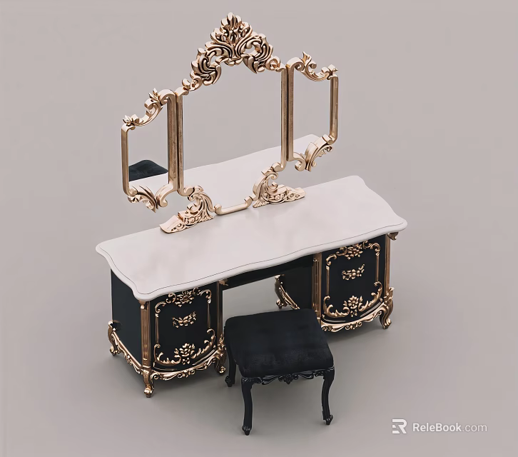 Ornate Classic Dressing Table With Gold Carved Frame White Top And Black Cabinet 3d model 