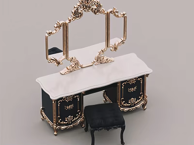 Ornate Classic Dressing Table With Gold Carved Frame White Top And Black Cabinet 3d model