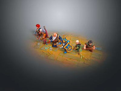Group of Men Warriors With Axes Spears And Blue Gear Standing On Stone Floor 3d model