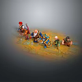Group of Men Warriors With Axes Spears And Blue Gear Standing On Stone Floor