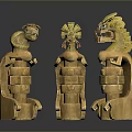 Three Intricate Wooden Carved Figures With Animal Heads And Traditional Attire On Reflective Base
