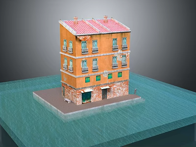 Orange Exterior Three Story Residential Building With Red Roof Green Doors And Multiple Windows 3d model