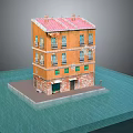 Orange Exterior Three Story Residential Building With Red Roof Green Doors And Multiple Windows