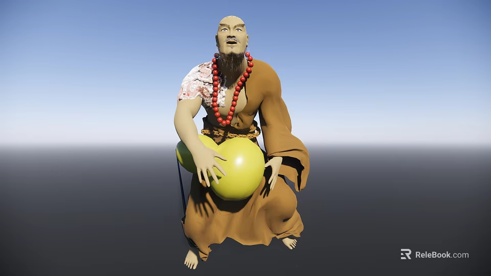 Bald Monk Game Movie Character With Brown Robe Red Beads And Yellow Gourd 3d model 