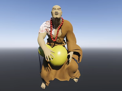 Bald Monk Game Movie Character With Brown Robe Red Beads And Yellow Gourd 3d model