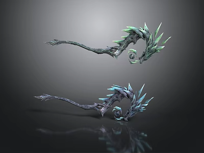 Fantasy Spiked Weapons With Curved Design And Green Blue Decorative Details 3d model